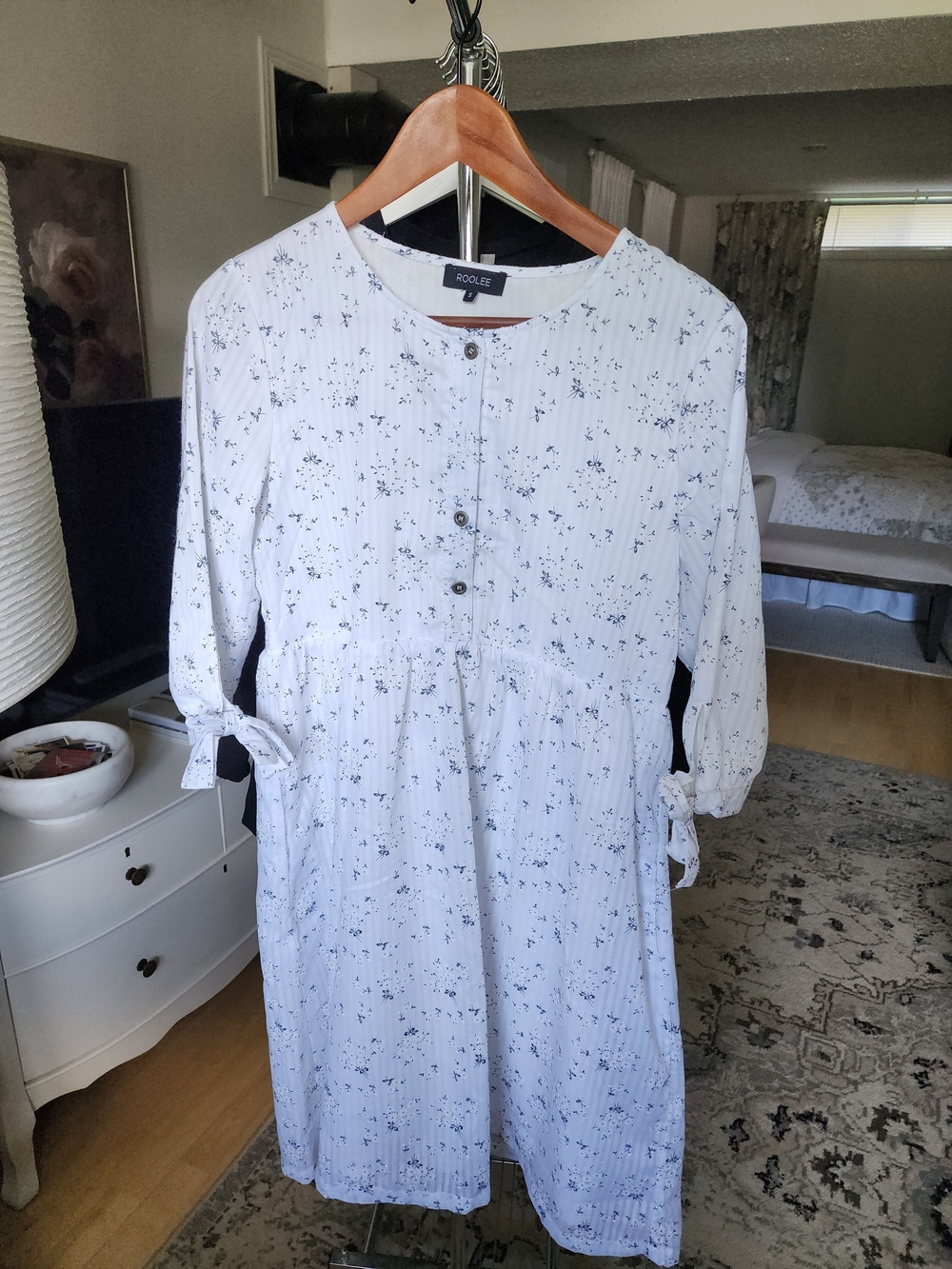 White Button-Front Dress with Tie Sleeves